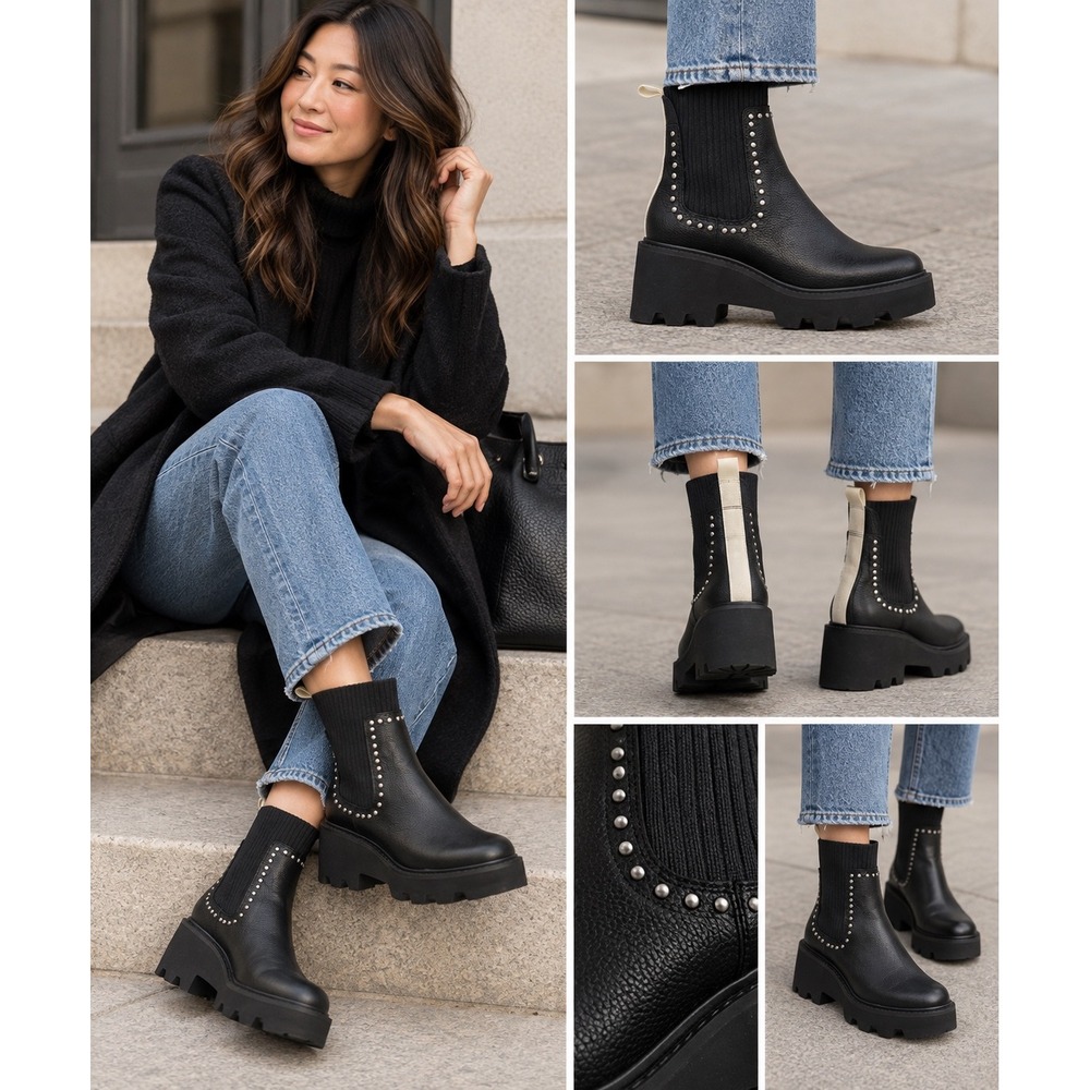 Dolce Vita H2O Lug Sole Boots Womens 7.5 Black Excellent Studded Knit Waterproof